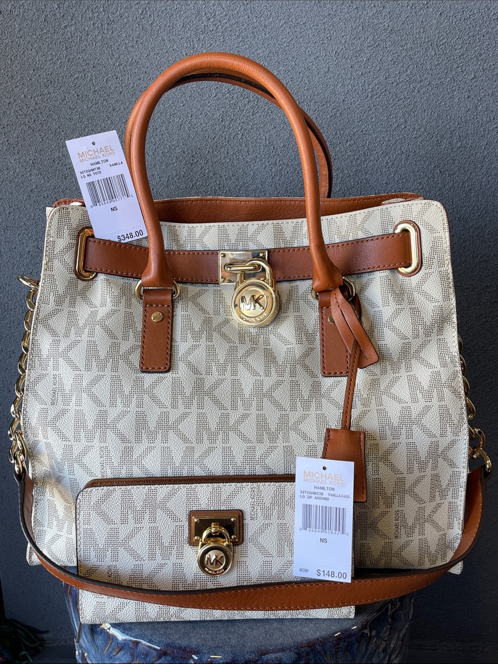 Michael Kors Signature Logo Large Satchel with Gold Hardware + Matching Wallet